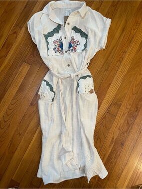 Upcycled Cream Button-Front Maxi Dress with Floral Patchwork